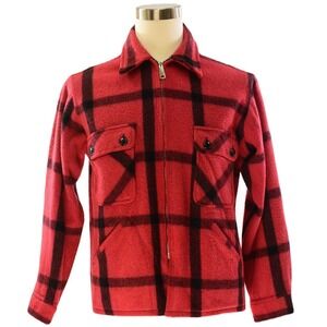 50s Vintage Mens L Wool Field Jacket Red Black Plaid Zip Utility Hunting Coat